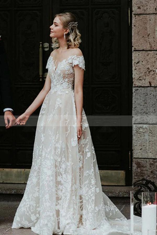 Charming Off The Shoulder Lace Bridal Gown White A Line Beach Wedding Dress