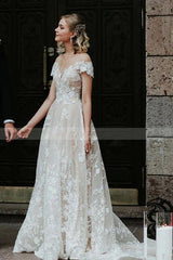 Charming Off The Shoulder Lace Bridal Gown White A Line Beach Wedding Dress