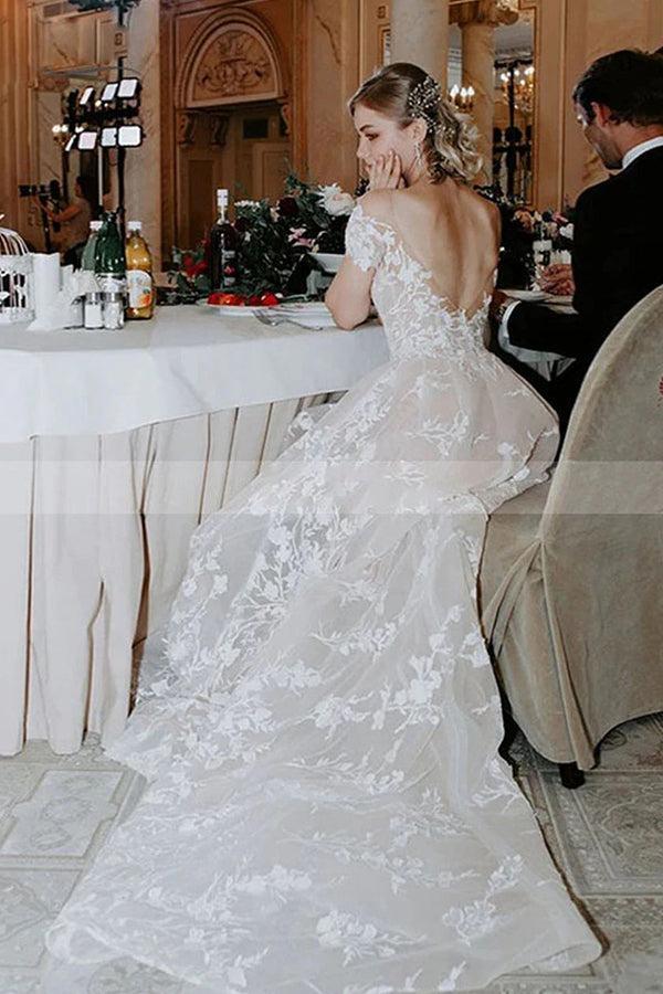 Charming Off The Shoulder Lace Bridal Gown White A Line Beach Wedding Dress