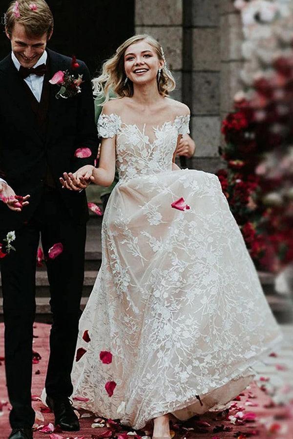 Charming Off The Shoulder Lace Bridal Gown White A Line Beach Wedding Dress