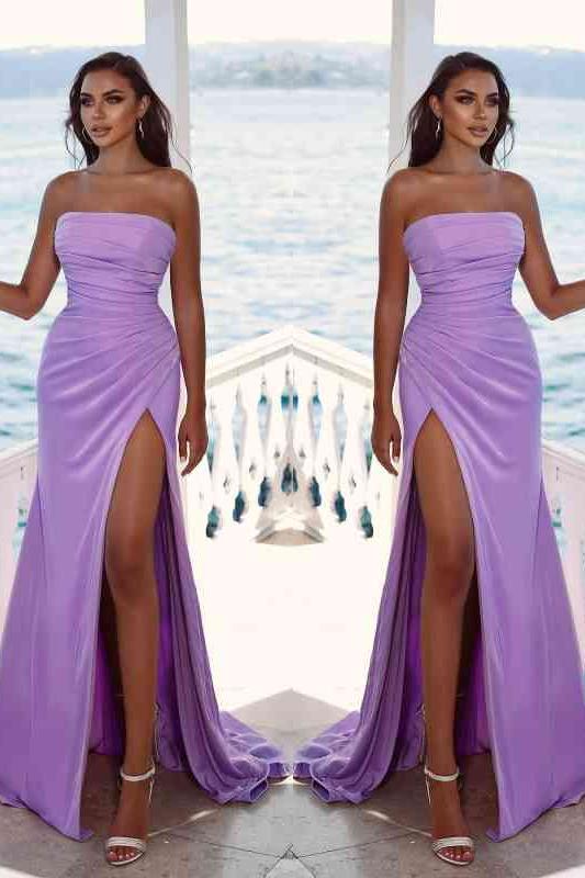 Charming Purple Long Evening Dress Evening Dress Strapless Sleeveless Slit Pleated