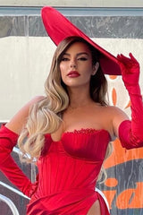 Charming Red Evening Dress Off the Shoulder Strapless Long Sleeve with Slit