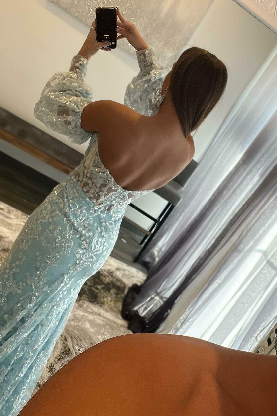 Charming V Neck Half Sleeve Evening Dress with Appliques and Slit