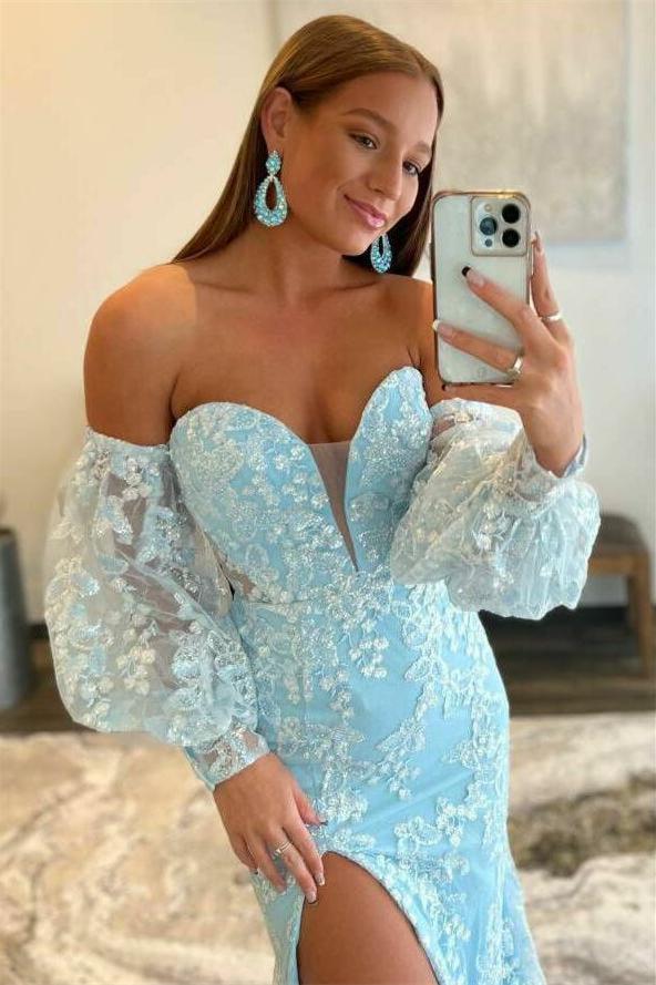 Charming V Neck Half Sleeve Evening Dress with Appliques and Slit
