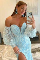Charming V Neck Half Sleeve Evening Dress with Appliques and Slit