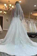Chic A-Line Spaghetti Straps White Long Beach Wedding Dress with Beading