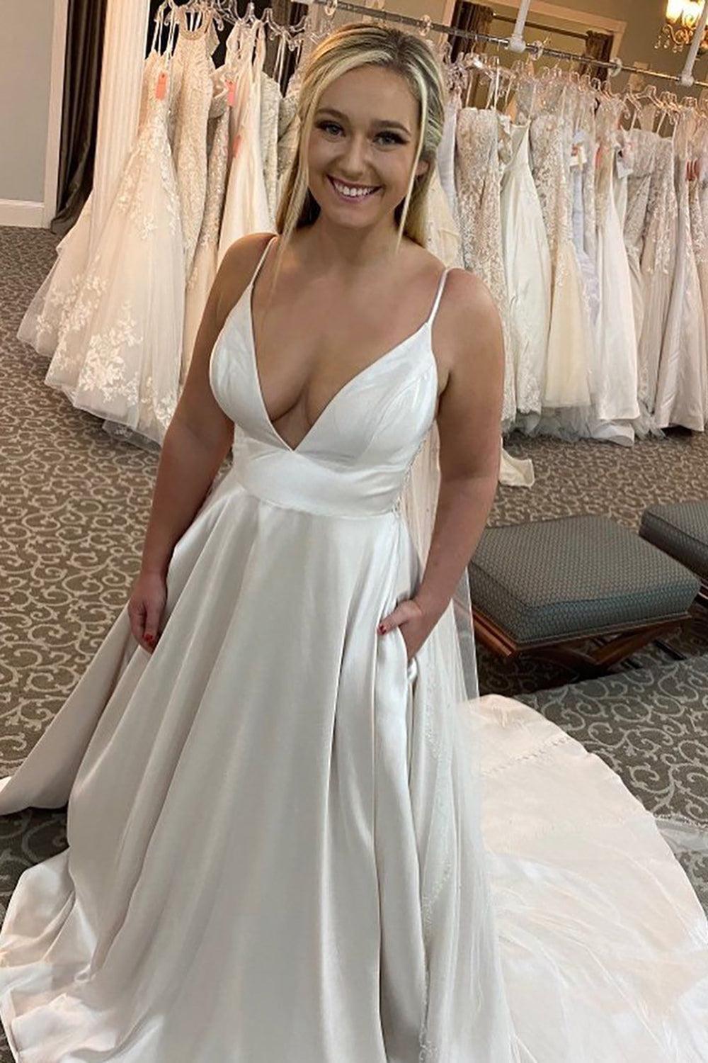 Chic A-Line Spaghetti Straps White Long Beach Wedding Dress with Beading
