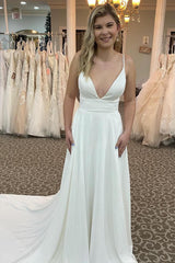 Chic A-Line Spaghetti Straps White Long Beach Wedding Dress with Beading