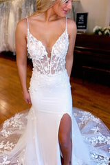 Chic Ivory Spaghetti Straps High Slit Mermaid Beach Wedding Dress with Appliques