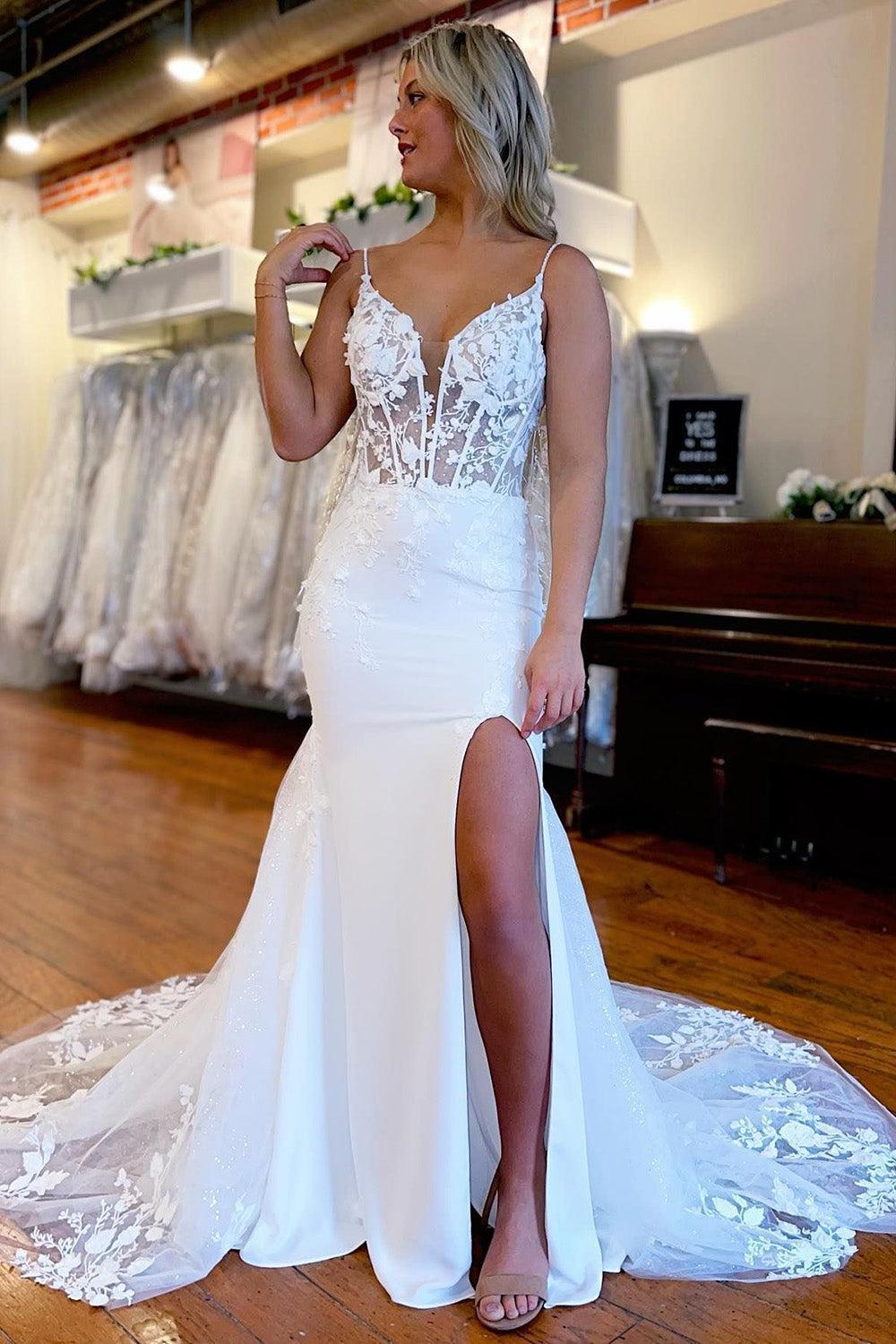 Chic Ivory Spaghetti Straps High Slit Mermaid Beach Wedding Dress with Appliques