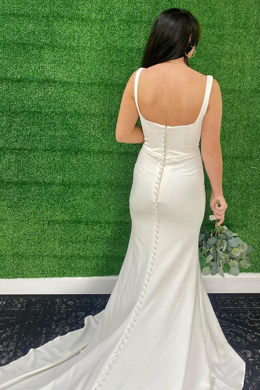 Chic Mermaid Square Neck White Simple Long Beach Wedding Dress with Button