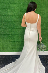 Chic Mermaid Square Neck White Simple Long Beach Wedding Dress with Button
