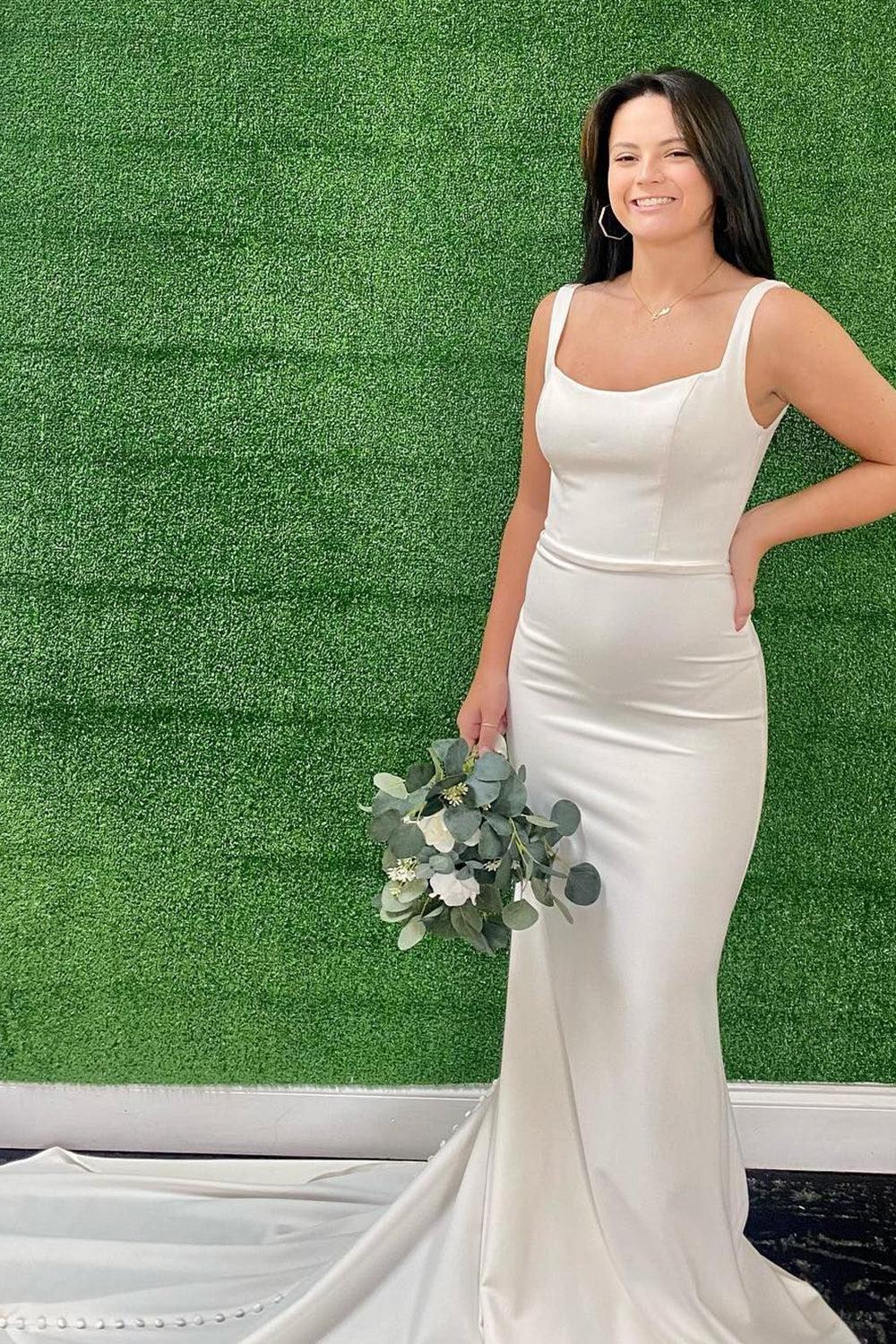 Chic Mermaid Square Neck White Simple Long Beach Wedding Dress with Button