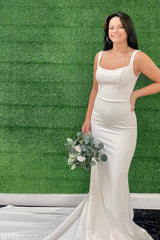 Chic Mermaid Square Neck White Simple Long Beach Wedding Dress with Button