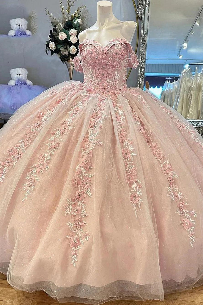 Dreamyannie UK Chic & Modern Ball Gown Off Shoulder Flower Lace Appliques Baby  Pink Tulle Quinceanera Dress Princess Birthday Party Gown For Sweet 16