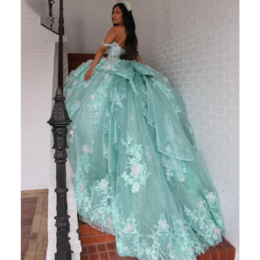 Dreamyannie UK Chic & Modern Ball Gown Off Shoulder Flowers Lace Appliques Beaded Tiered Mint Green Tulle Princess Birthday Party Gown Quinceanera Dress For Sweet 16 Dreamyannie UK Chic & Modern Ball Gown Off Shoulder Flowers Lace Appliques Beaded Tiered Mint Green Tulle Princess Birthday Party Gown Quinceanera Dress For Sweet 16