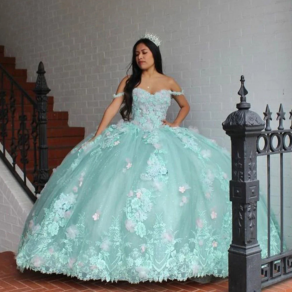 Dreamyannie UK Chic & Modern Ball Gown Off Shoulder Flowers Lace Appliques Beaded Tiered Mint Green Tulle Princess Birthday Party Gown Quinceanera Dress For Sweet 16 Dreamyannie UK Chic & Modern Ball Gown Off Shoulder Flowers Lace Appliques Beaded Tiered Mint Green Tulle Princess Birthday Party Gown Quinceanera Dress For Sweet 16