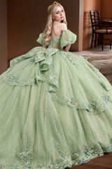 Chic & Modern Ball Gown Off Shoulder Half Lantern Sleeves 3D Flower Appliques Ruffles Tiered Green Tulle Quinceanera Dress Birthday Party Gown For Sweet Train