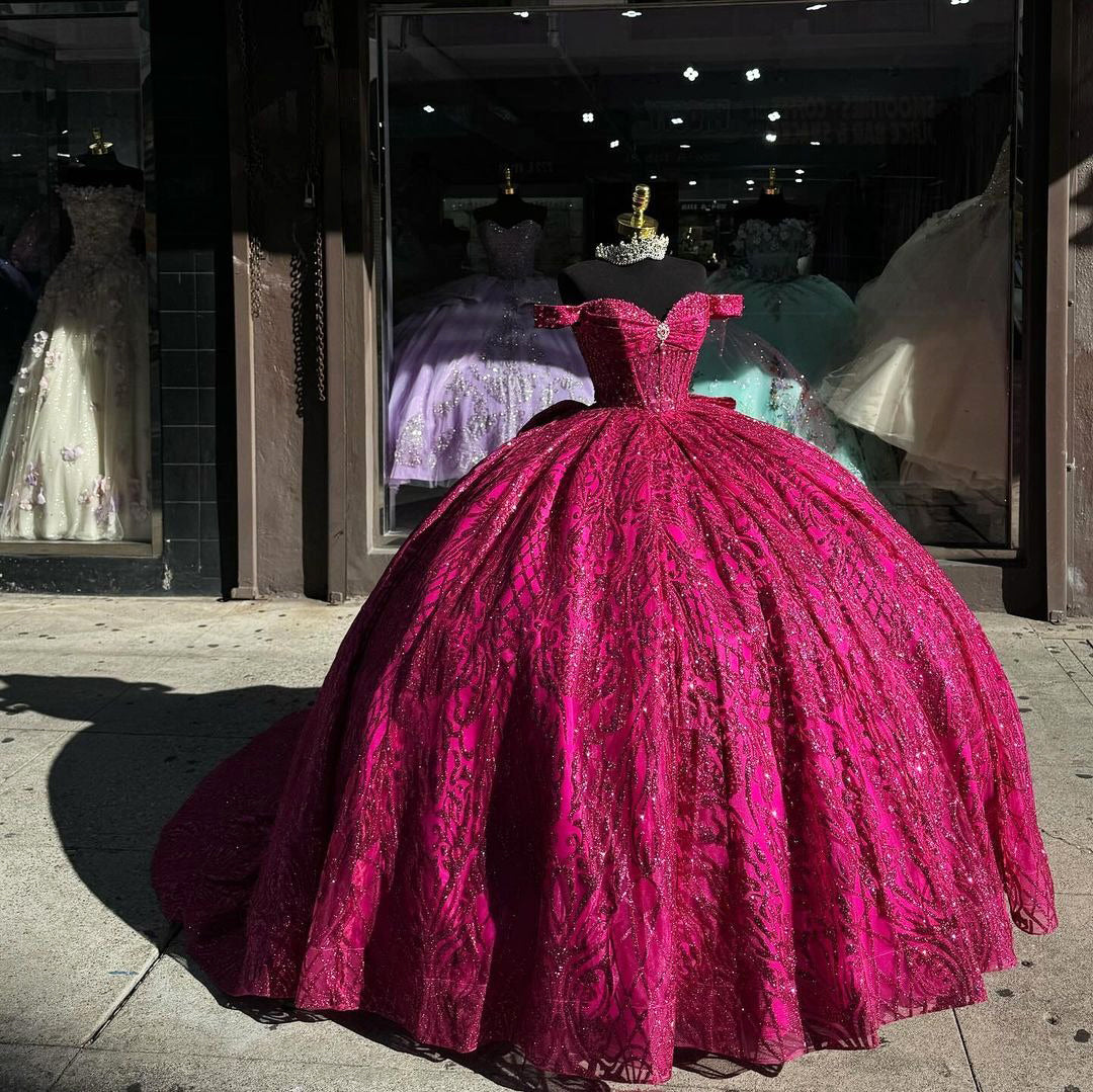 Chic & Modern Ball Gown Off Shoulder Sweetheart Neck Hot Pink Tulle Quinceanera Dress Princess Evening Party Gown For Sweet 16 Dress