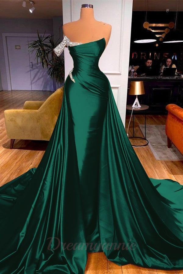 Chic One Shoulder Beaded Mermaid Prom Dress With Court Train