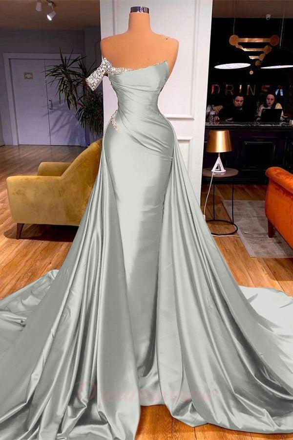 Chic One Shoulder Beaded Mermaid Prom Dress With Court Train