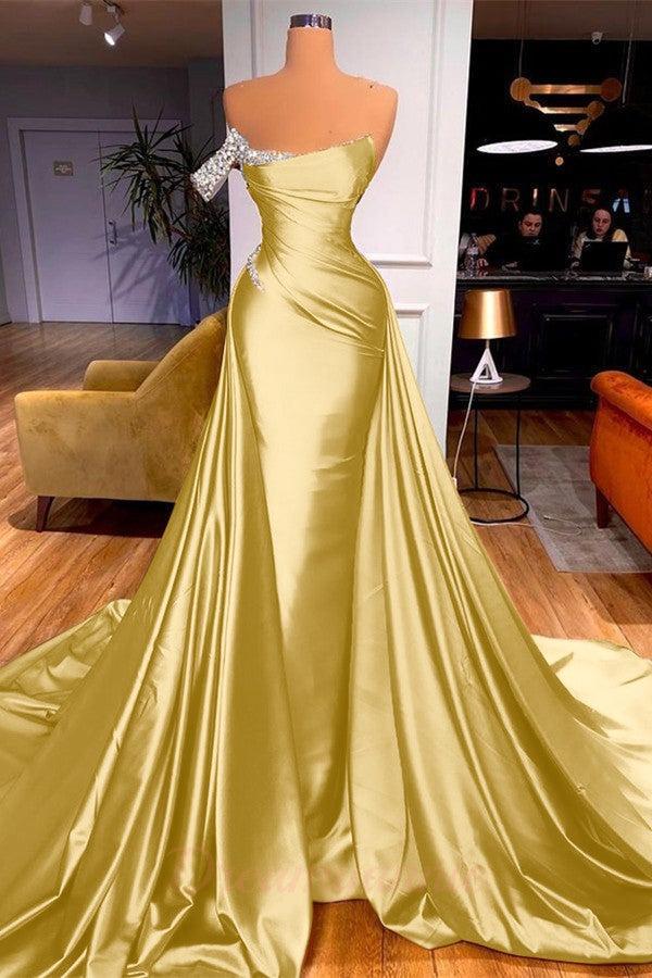 Chic One Shoulder Beaded Mermaid Prom Dress With Court Train