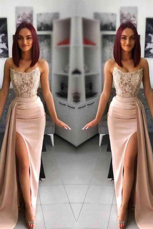 Chic Pink Evening Dress with Applique Belt and Hollowing Out Slit