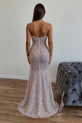 Sequined Strapless Prom Dress Mermaid Beaded Evening Dress With Split