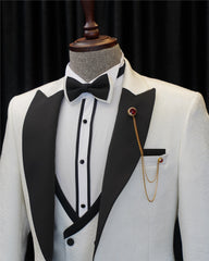 Chic White 3 Piece Jacquard Wedding Suit for Men