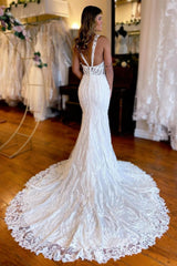 Chic White V-Neck Sheath Long Lace Beach Wedding Dress with Slit