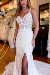 Chic White V-Neck Sheath Long Lace Beach Wedding Dress with Slit