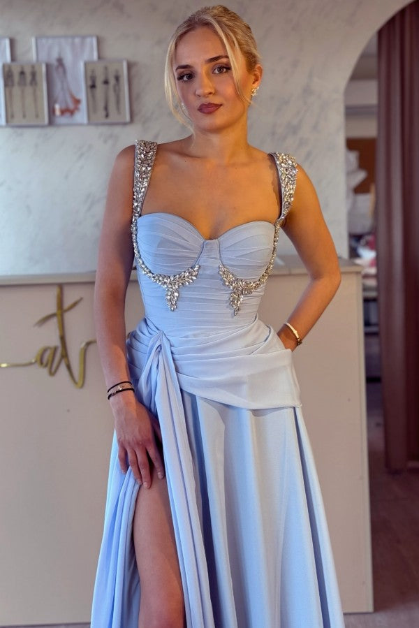 Chiffon A Line Prom Dress with Draped Hip Sash and High Slit