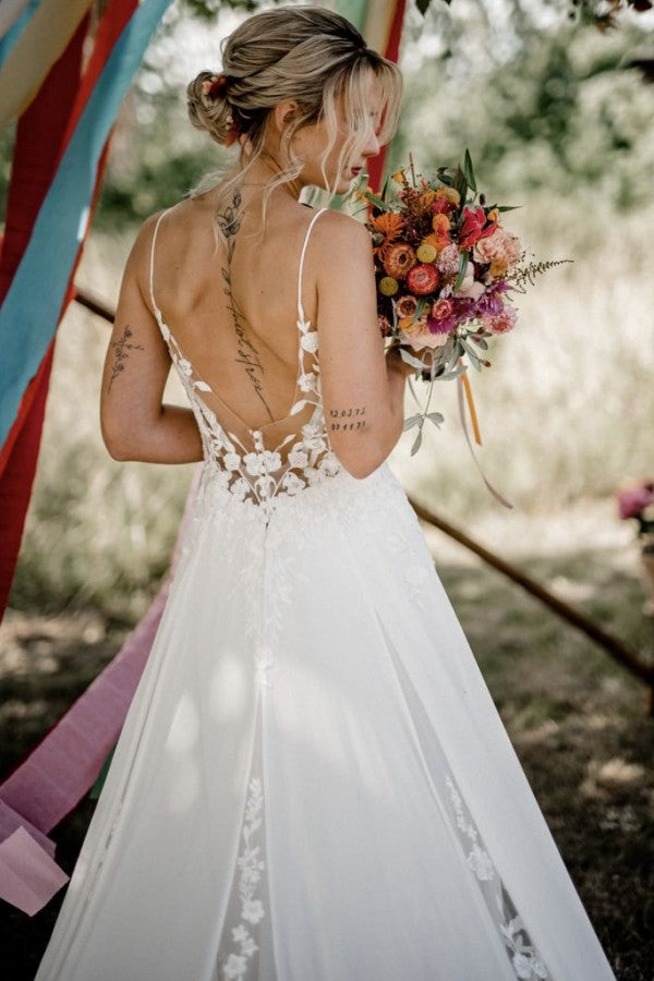 Chiffon A Line Wedding Dress with Plunging V Neck and Open Back