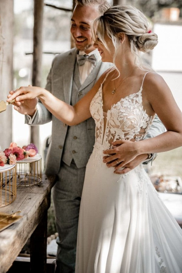 Chiffon A Line Wedding Dress with Plunging V Neck and Open Back