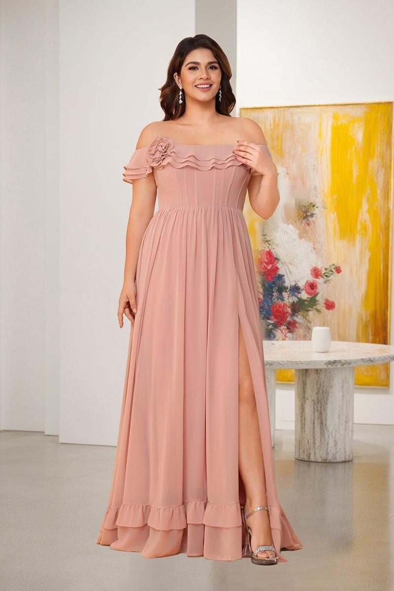 Chiffon A-Line/Princess Off-the-Shoulder Short Sleeves Plus Size Bridesmaid Dresses with Side Slit Dusty Rose