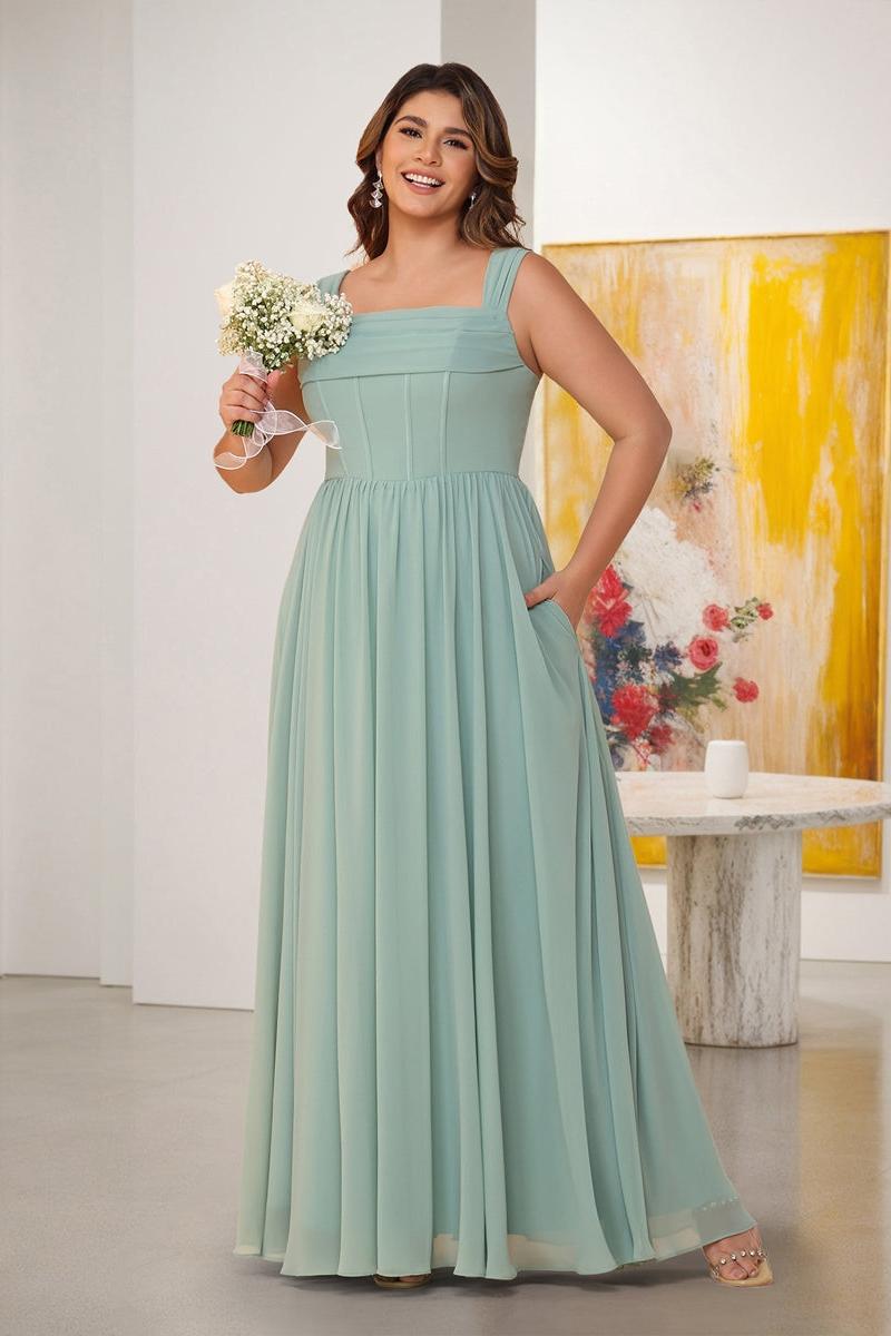 Chiffon A-Line/Princess Square Neck Sleeveless Plus Size Bridesmaid Dresses with Pleats As Picture