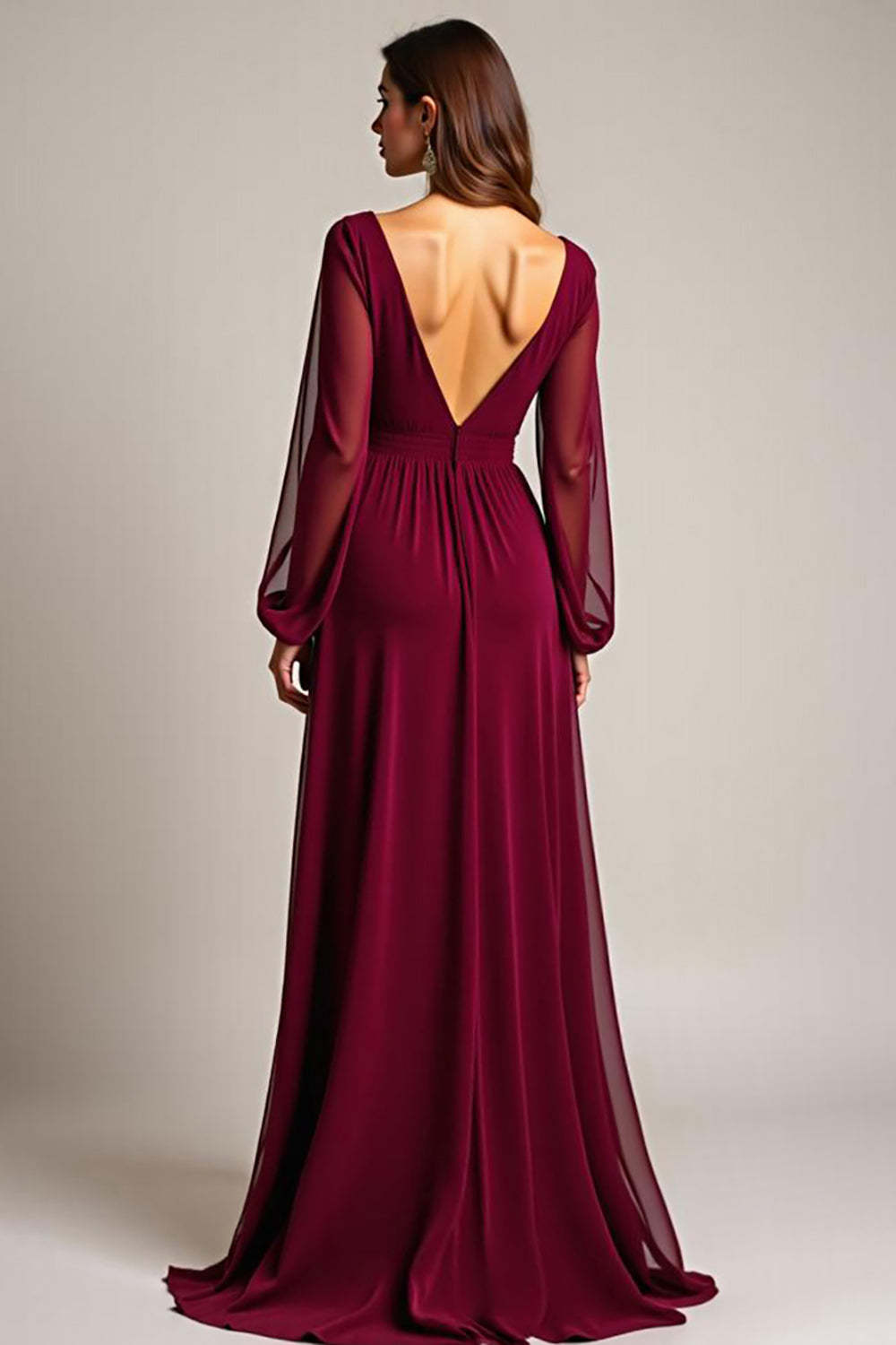 Chiffon Long Burgundy Wedding Guest Dress Formal Dress With Ruffles
