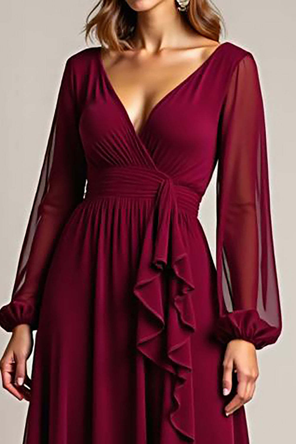 Chiffon Long Burgundy Wedding Guest Dress Formal Dress With Ruffles