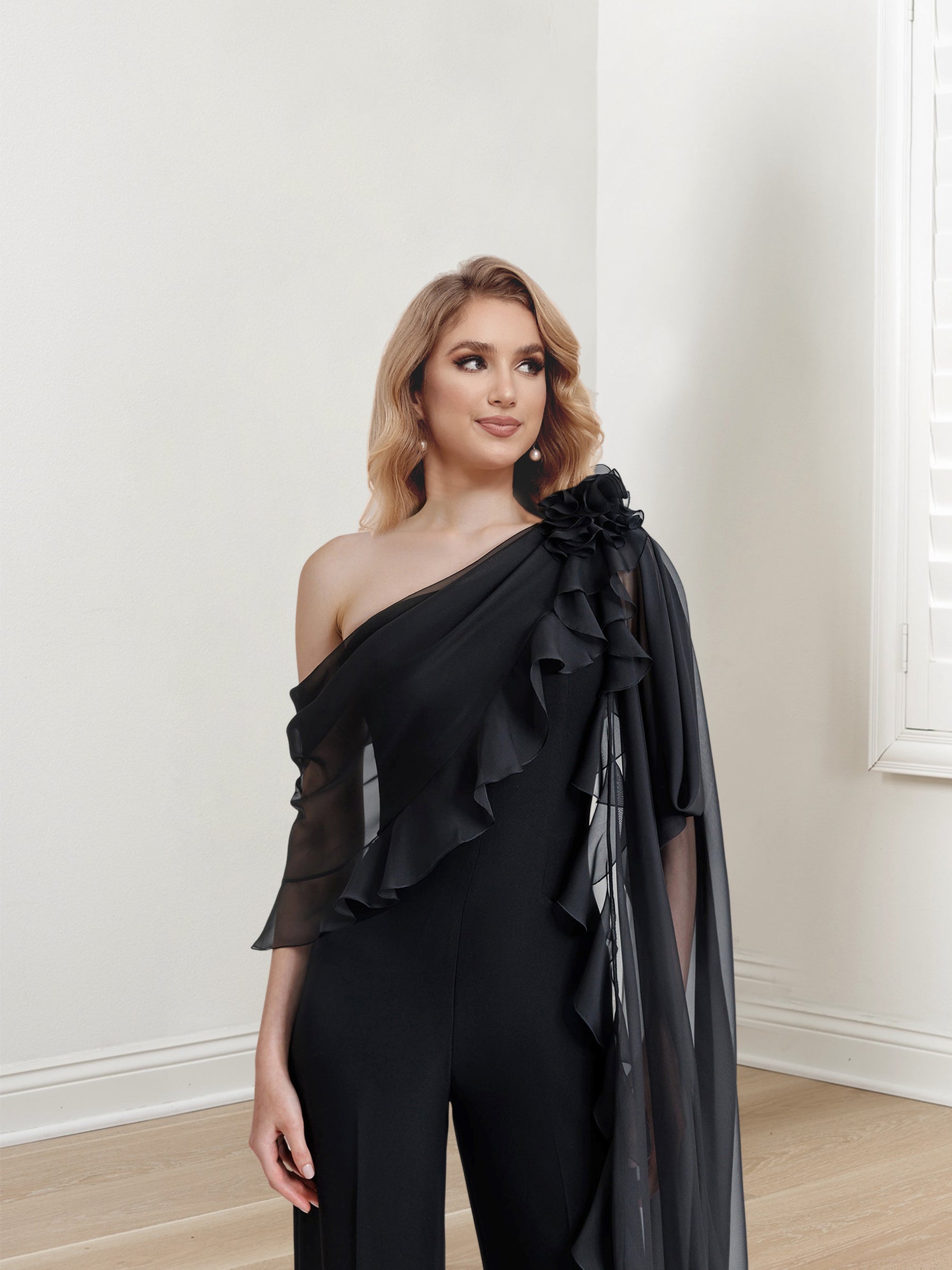 Chiffon One-Shoulder Jumpsuits with Half Sleeves for the Mother of the Bride