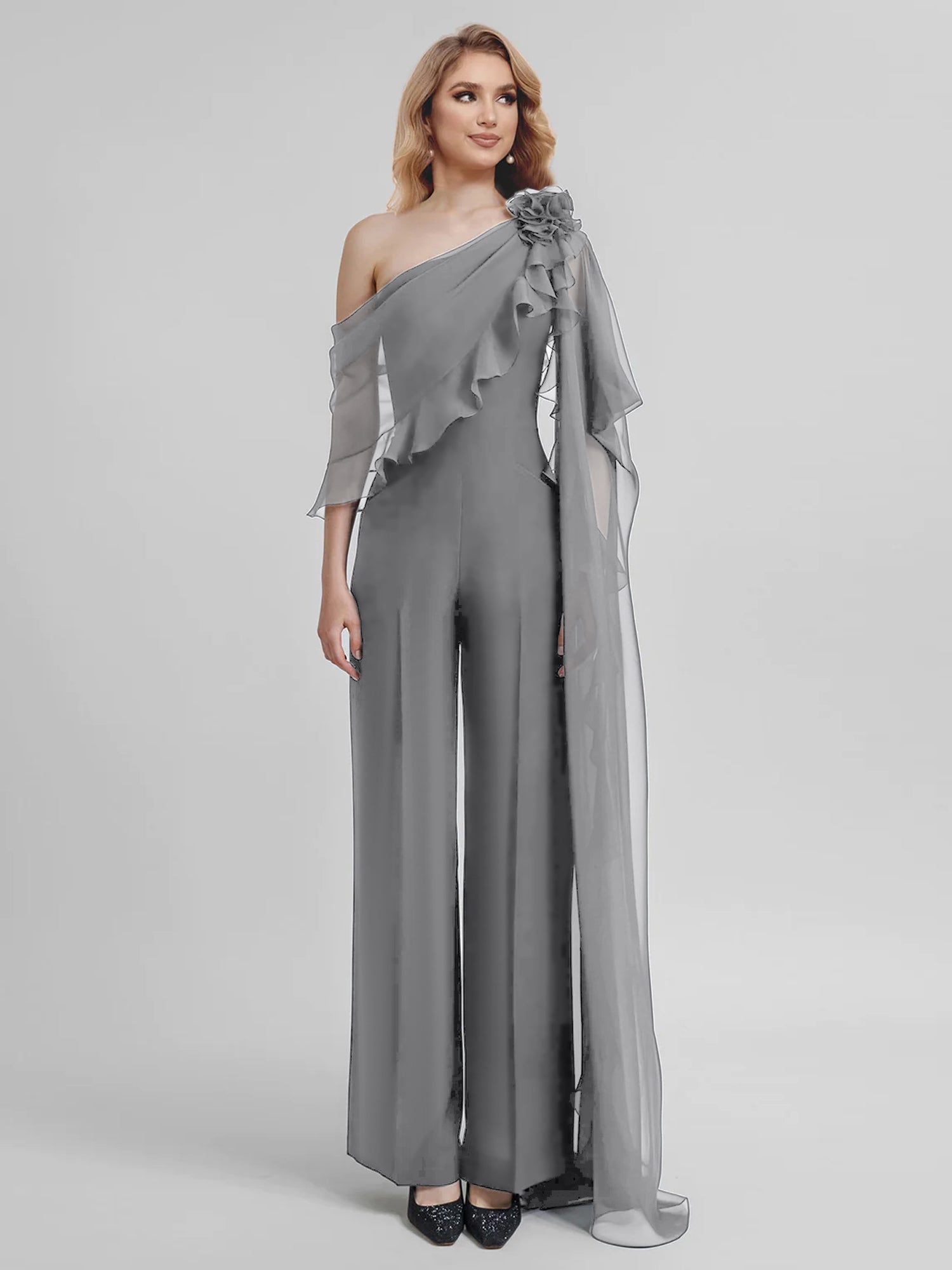 Chiffon One-Shoulder Jumpsuits with Half Sleeves for the Mother of the Bride