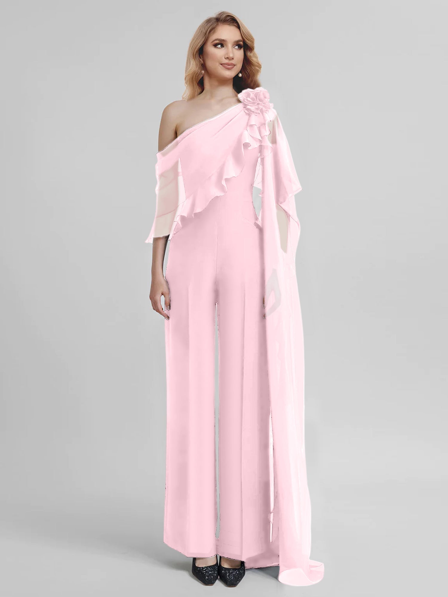 Chiffon One-Shoulder Jumpsuits with Half Sleeves for the Mother of the Bride