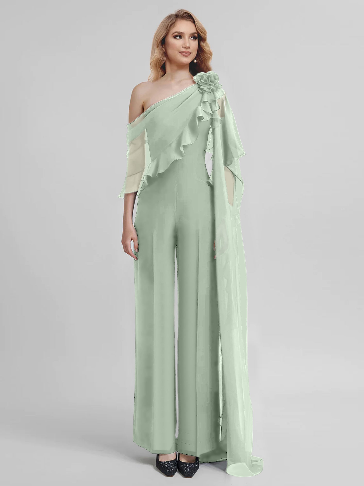 Chiffon One-Shoulder Jumpsuits with Half Sleeves for the Mother of the Bride