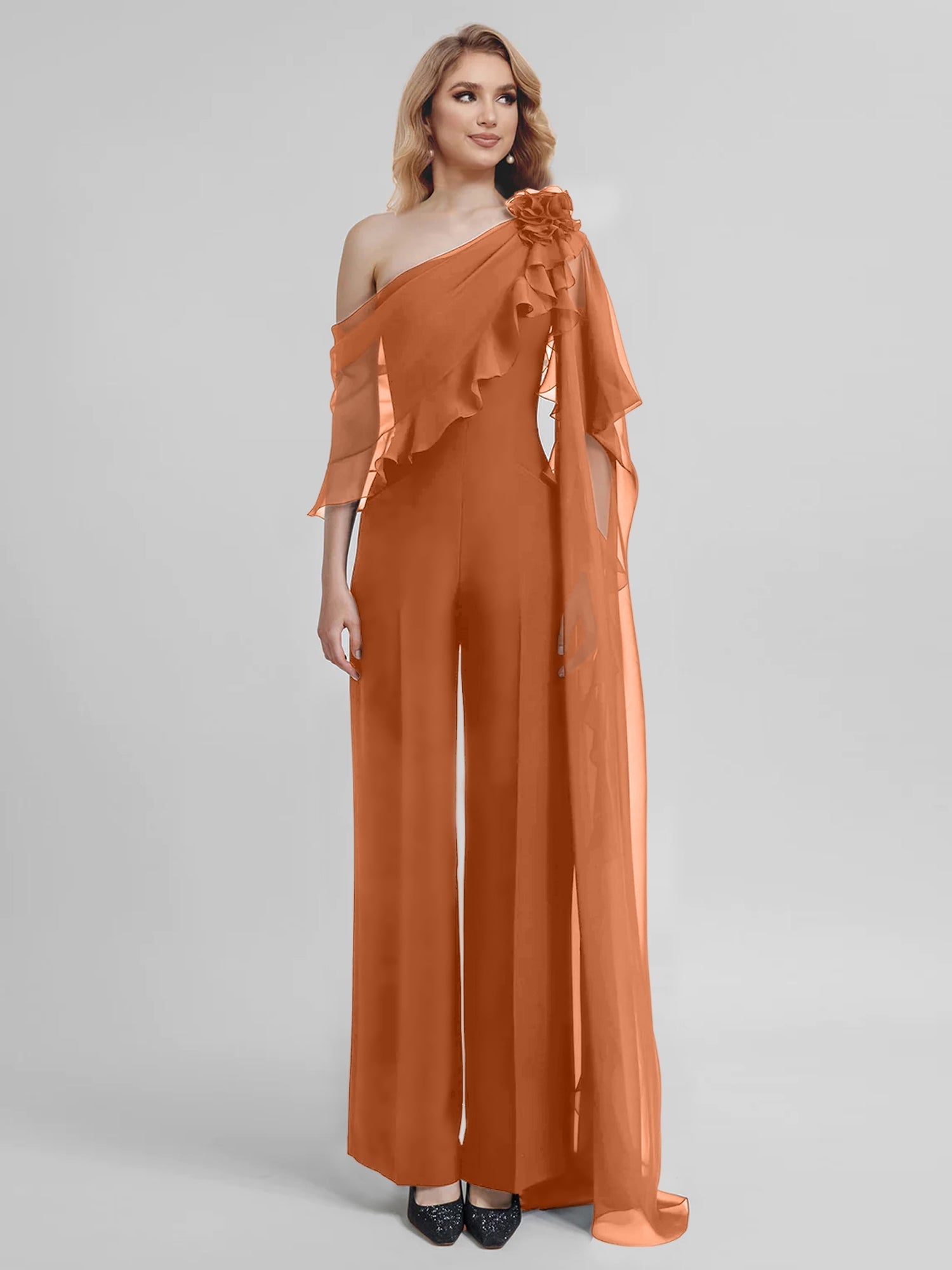 Chiffon One-Shoulder Jumpsuits with Half Sleeves for the Mother of the Bride