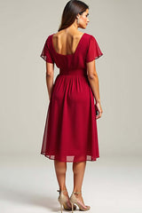 Chiffon Red Wedding Guest Dress V-Neck Knee Length Formal Dress With Short Sleeves