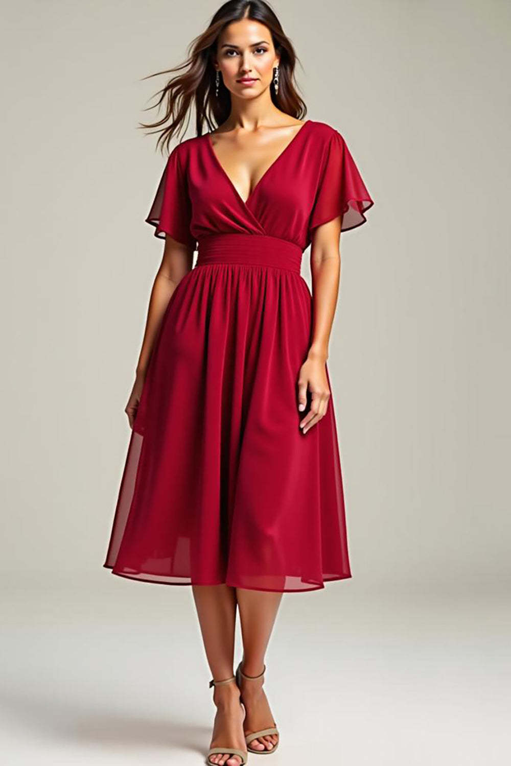 Chiffon Red Wedding Guest Dress V-Neck Knee Length Formal Dress With Short Sleeves