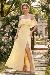 Chiffon Trumpet/Mermaid Off-the-Shoulder Floor-Length Bridesmaid Dress With Ruffles & Split Side