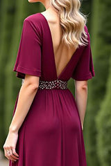 Chiffon V-Neck Burgundy Wedding Guest Dress Formal Dress With Beading