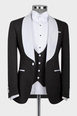 Classic Black 3 Piece Wedding Suit with White Shawl Lapel