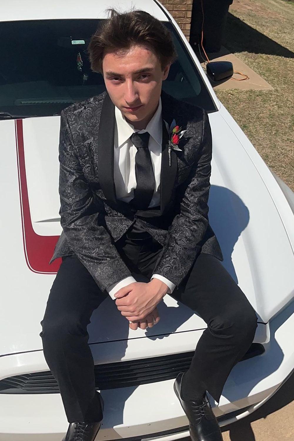 Classic Black Shawl Lapel Jacquard One-Button Prom Graduation Jacket for Men