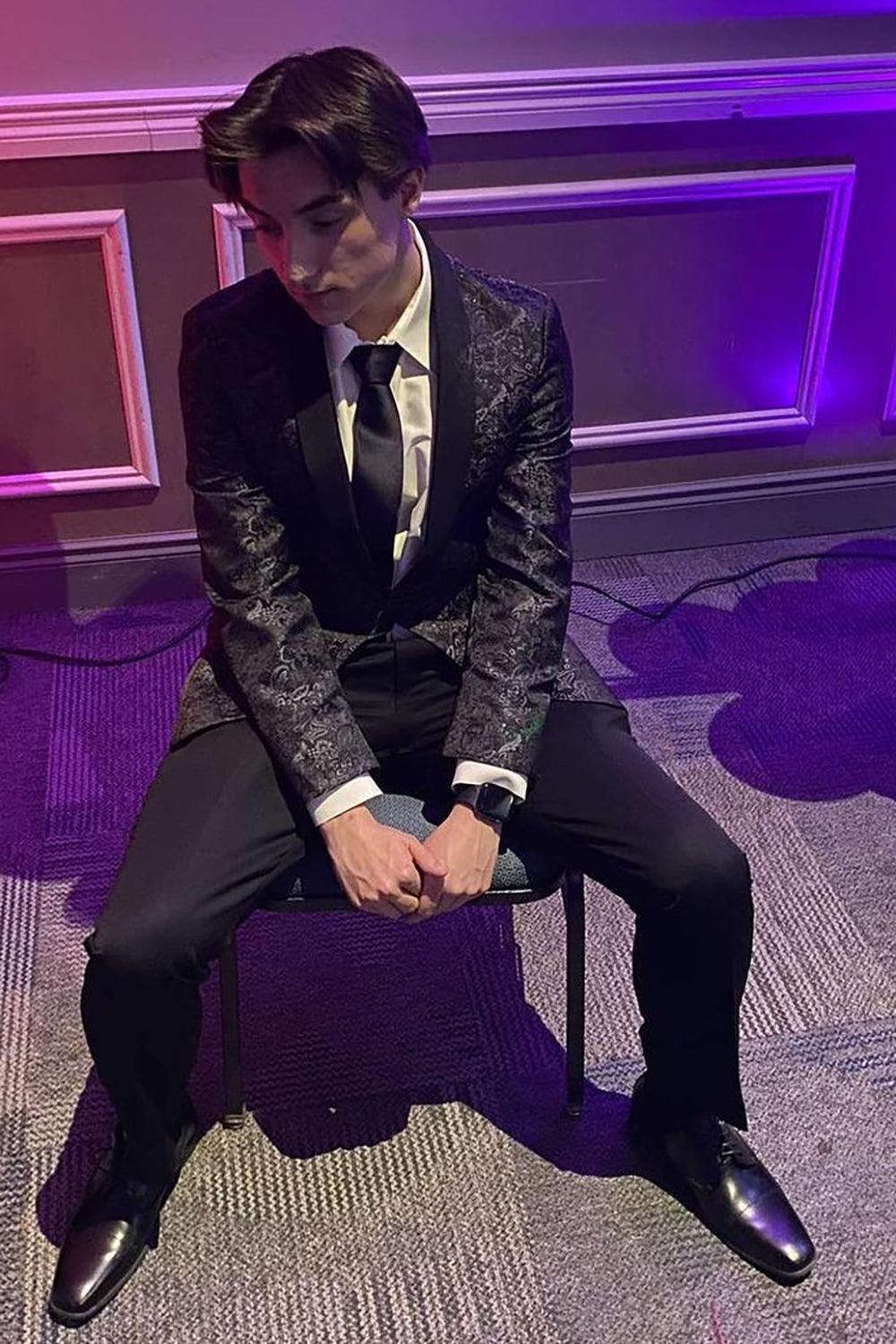 Classic Black Shawl Lapel Jacquard One-Button Prom Graduation Jacket for Men